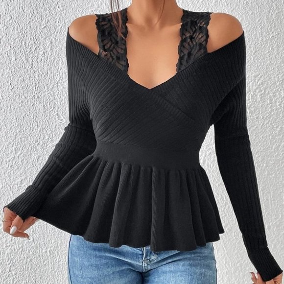 Black Womens Cold Shoulder Sweater - Picture 3 of 4